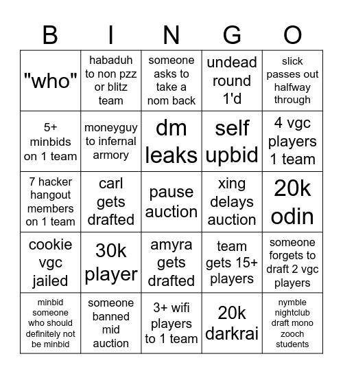 DCL auction Bingo Card