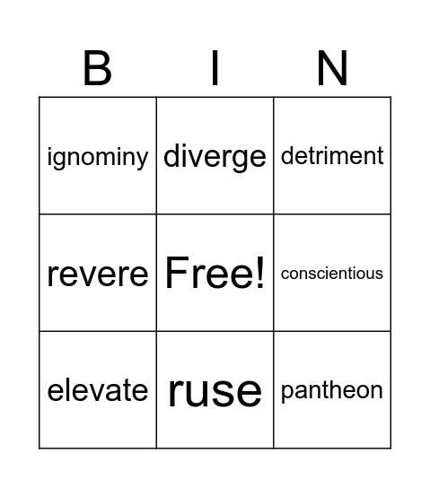 Vocabulary Aug. 19 - 25 Bingo Card