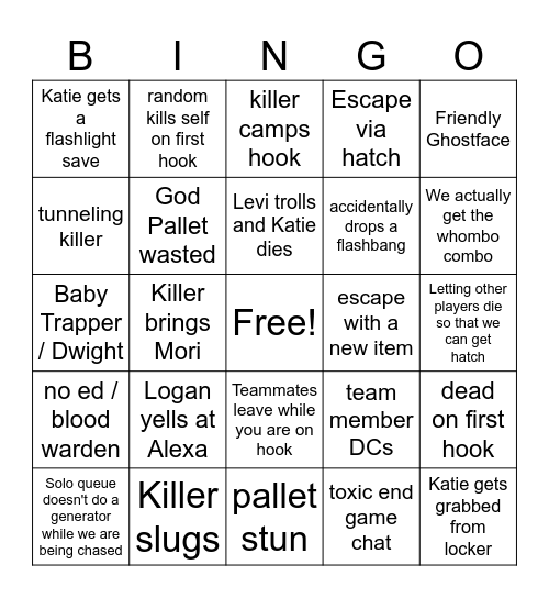 DBD Game Night Bingo Card