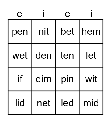 short e short i Bingo Card