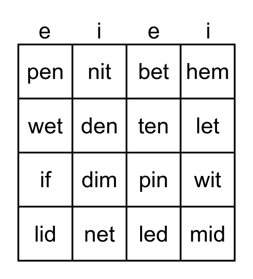short e short i Bingo Card