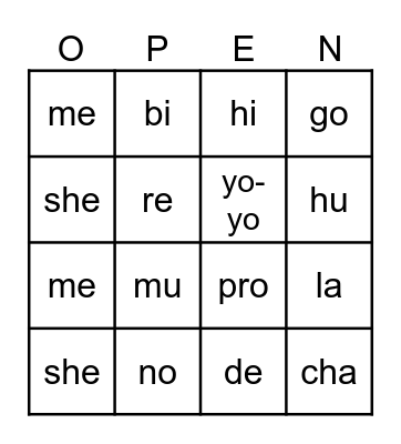 open and closed syllables Bingo Card