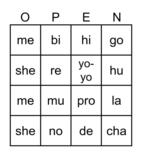 open and closed syllables Bingo Card