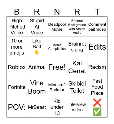 Youtube Shorts Bingo Card