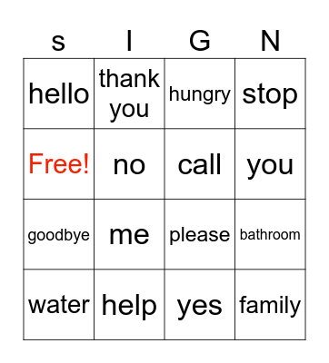 Sign Language Bingo Card