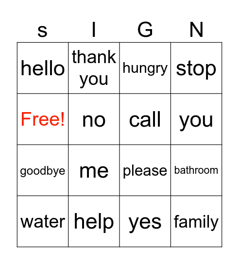 Sign Language Bingo Card