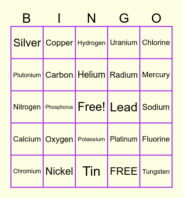 Table of Elements Bingo Card