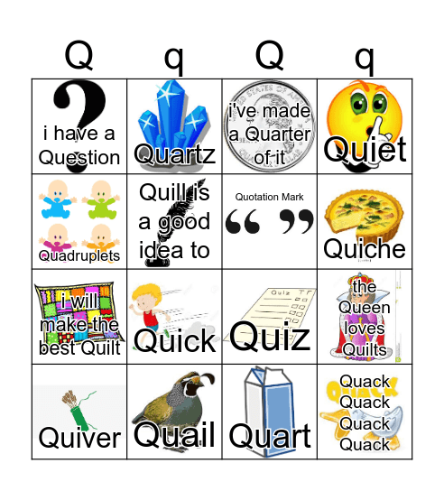 Letter Q Bingo Card