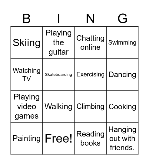 Free Time Activities Bingo Card