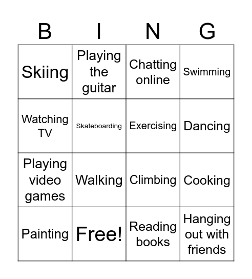 Free Time Activities Bingo Card