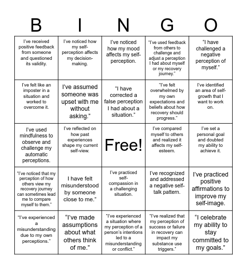 Self Perception Bingo Card