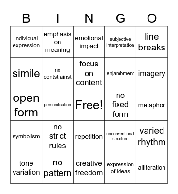Free Verse Bingo Card