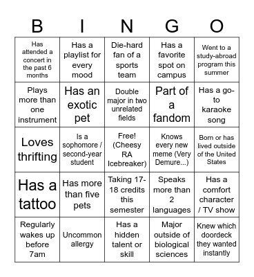 Floor Meeting Bingo Card