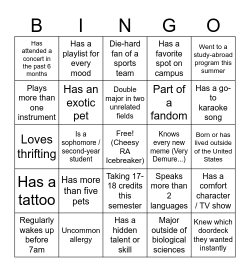 Floor Meeting Bingo Card