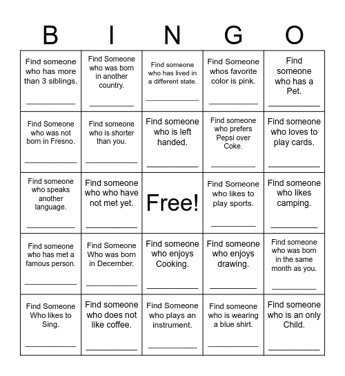 Find Someone Who Bingo Card