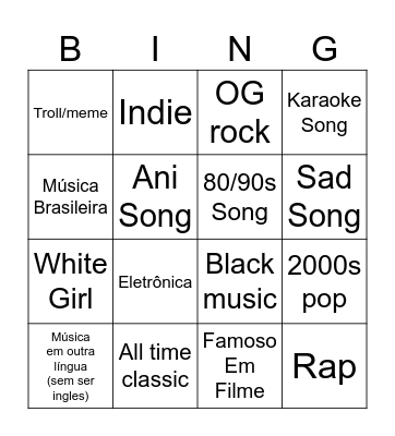 Musical Bingo Card