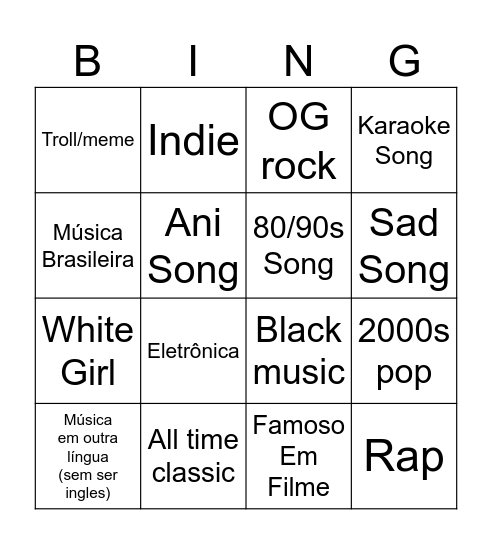 Musical Bingo Card