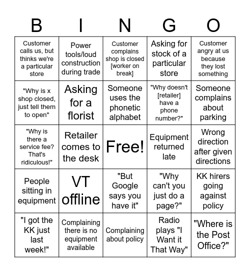 Westfield Bingo Card