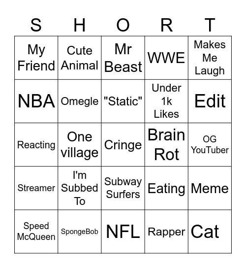 YouTube Shorts Bingo Board Bingo Card