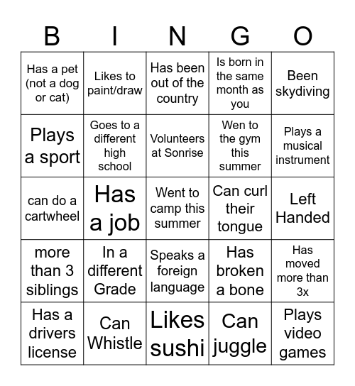 SHS Bingo Card