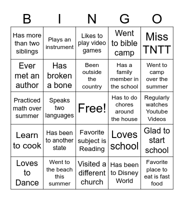 First Day of School Bingo Card