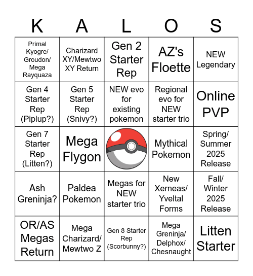 Pokemon Legends ZA Bingo Card