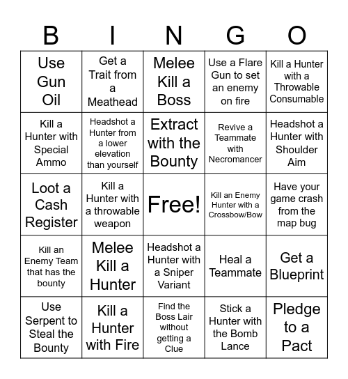 Hunt Showdown Bingo Card