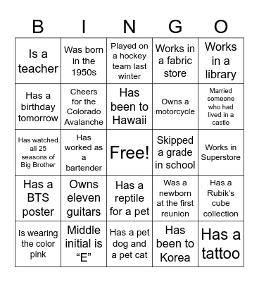 Reunion Bingo Card