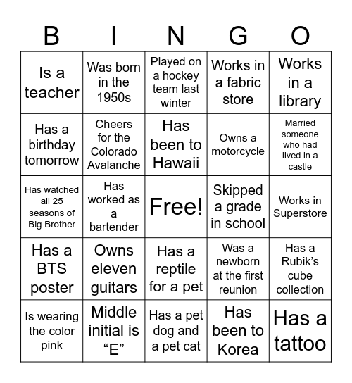 Reunion Bingo Card