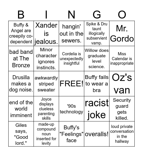 Buffy Season 2 Bingo Card