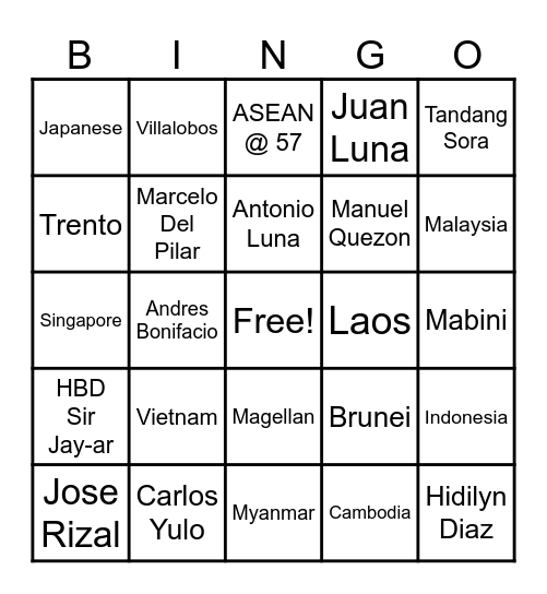 Bingo ng Kasaysayan Bingo Card