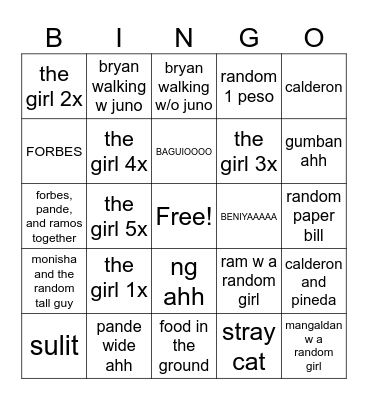 Recess/Lunch Bingo Card