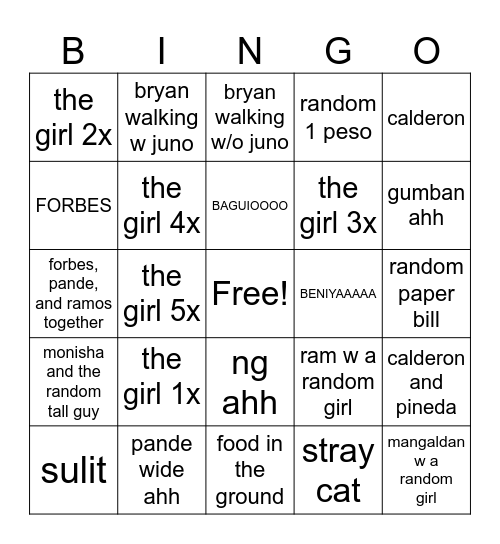 Recess/Lunch Bingo Card