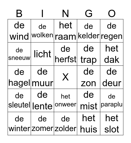 het weer en het huis (les 2 - 3) Bingo Card