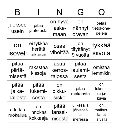 Etsi luokkakaveri, joka... Bingo Card