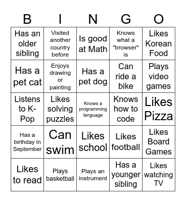 Get To Know Your Classmates Bingo Card