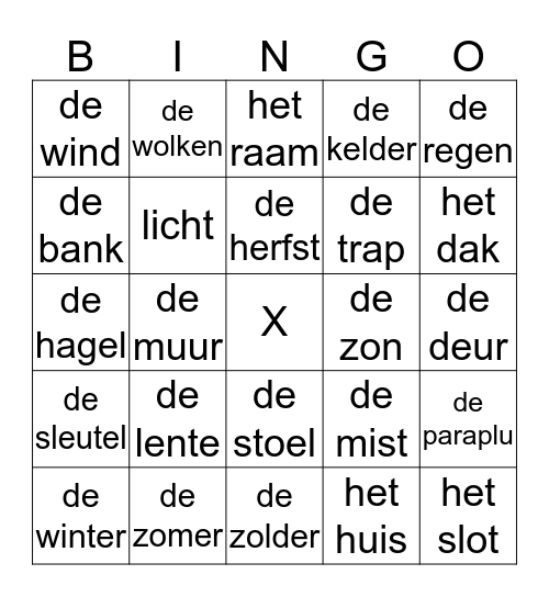 het weer en het huis (les 2 - 3) Bingo Card