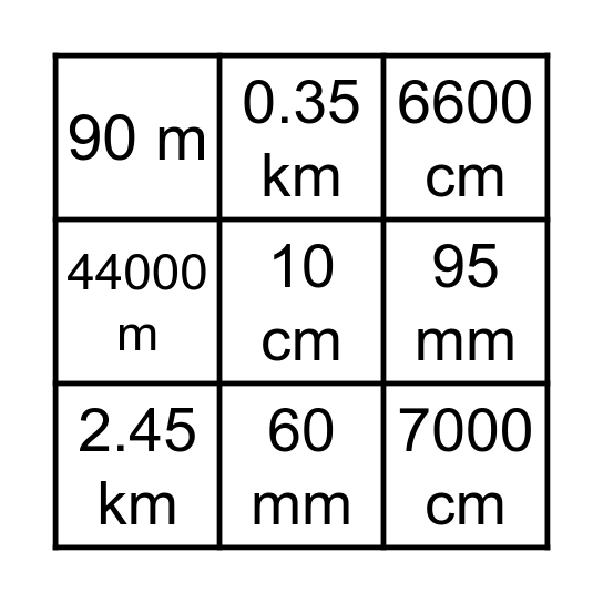 Length Conversion Bingo Card