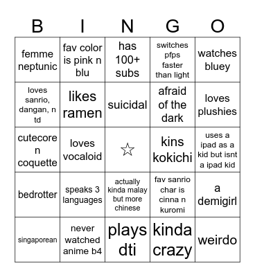 just like me bingo Card