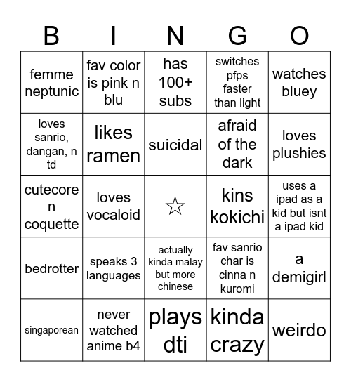 just like me bingo Card