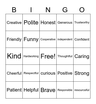 CHARACTER TRAITS Bingo Card