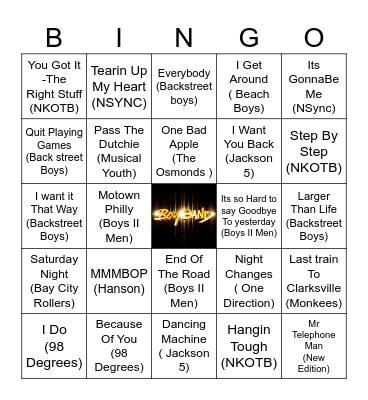 Boy Bands Bingo Card