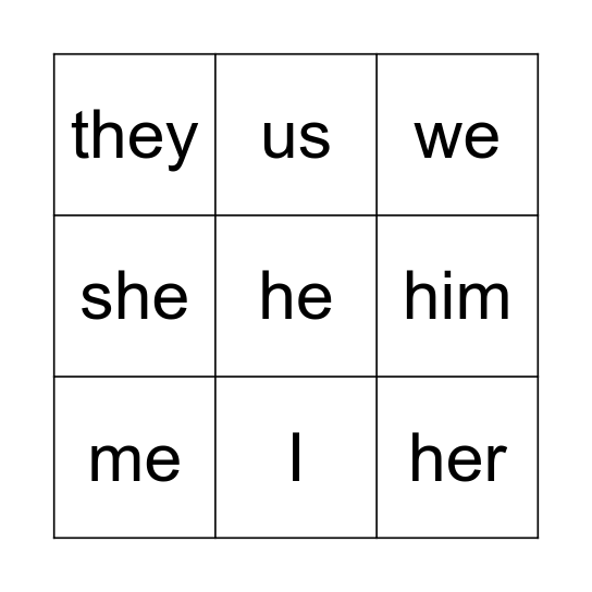 Subject and Object pronouns Bingo Card