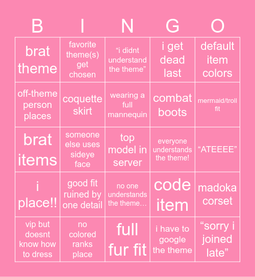 dress to impress bingo Card