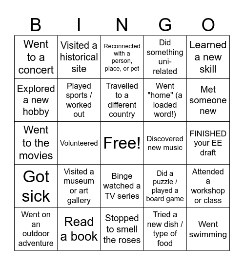 Summer Holiday Bingo Card