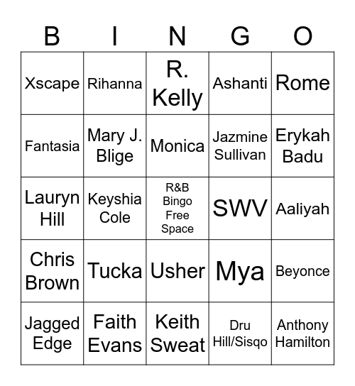 R&B Music Bingo Card