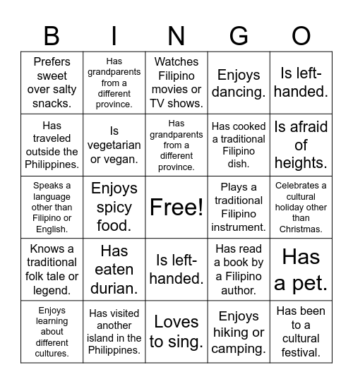 Cultural Bingo Card