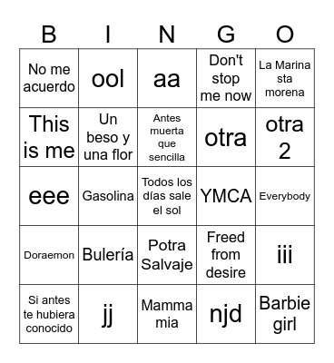 Bingo Musical Bingo Card