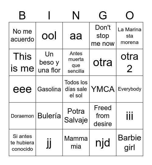 Bingo Musical Bingo Card