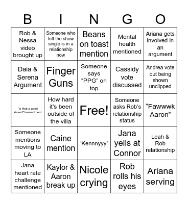 Love Island USA Reunion Bingo Card